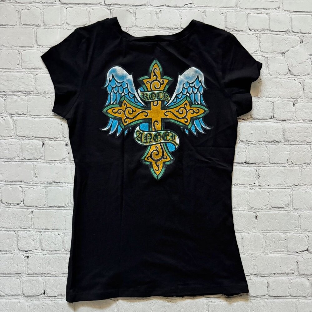New Vocal Apparel Womens Crystal Black Cross Rock Angel Wings Shirt M Medium Y2K